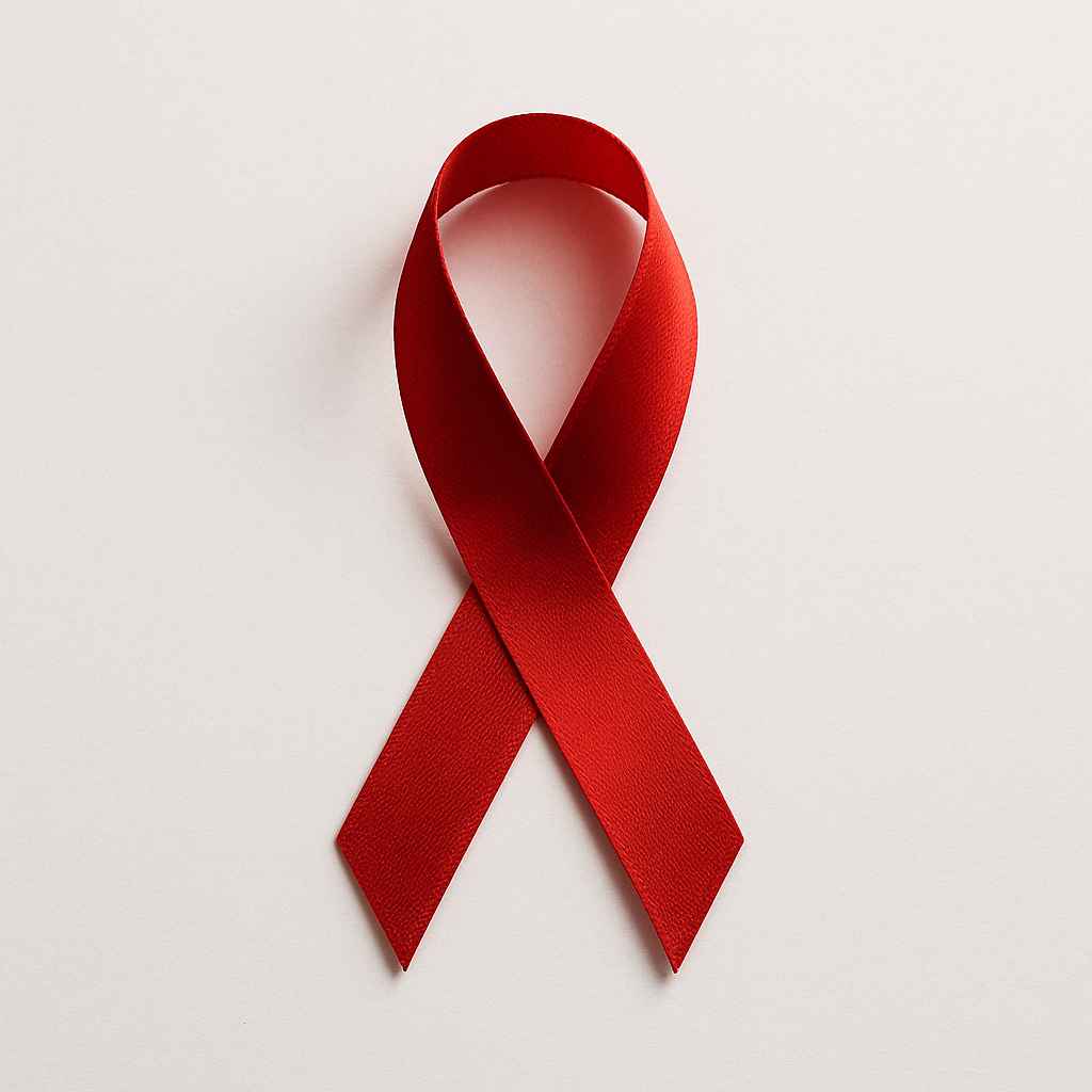 A red satin awareness ribbon symbolizing global HIV awareness and support