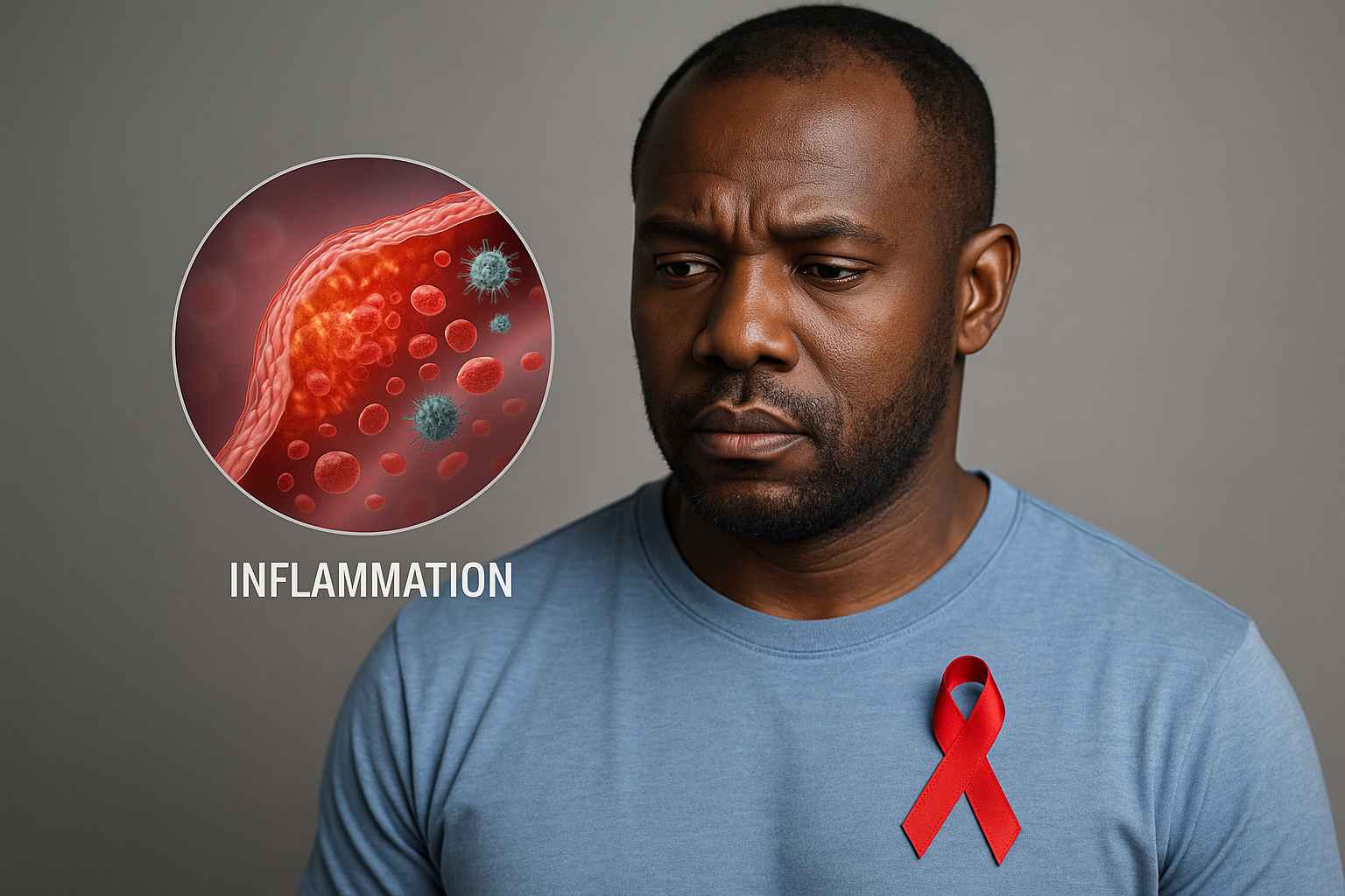 A man with HIV awareness ribbon reflects on inflammation and immune health.